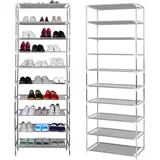 ARATERVIO Schuhregal 10 Ebenen, Höhenverstellbar und Platzsparend, Metall Schuhständer für 32 bis 40 Paar Schuhe, Schmal und Stabil, Edelstahl Schuhablage für Wohnzimmer, Schlafzimmer und Flur