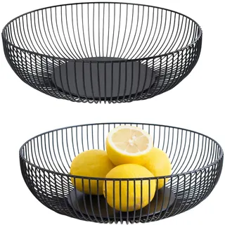 HTRTRR Obstschalen aus Metall 2 Stück, 28 cm x 8 cm, Seicht Obstkorb aus Eisen, Schwarz matt, Rund, Modern Design, Aufbewahrung für Gemüse Obst Brot