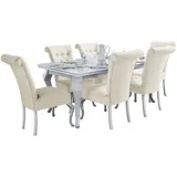 Deine Möbel 24 Tischgruppe, Weiß Hochglanz, Beige, Holz, Holzwerkstoff, Textil, Echtholz,Buche, 6-Sitzer, Rechteckig, 80x76x140 cm, Esszimmer, Bänke, Tisch- & Eckbankgruppen