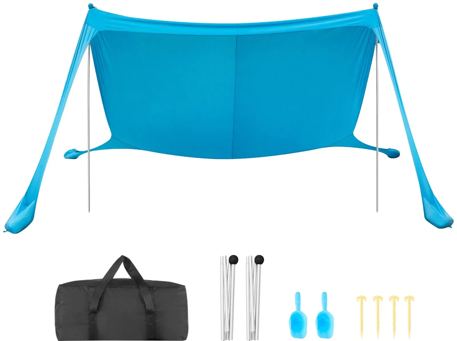 VEVOR Strandzelt mit Sonnenschutz (UPF 50+) 3,4 x 3,4 x 2 m, Strandmuschel mit Stützstangen & Sandschaufeln & Tragetasche, Tragbares Sonnensegel für Familienausflüge Camping Angeln Blau