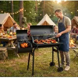 TLGREEN Holzkohlegrill 2-in-1 Holzkohlegrill & Smoker, BBQ Rauchgrill Grillwagen mit Schornstein, Thermometer, Mobiler Gartengrill mit Ablagefläche und 2 Rädern, Outdoor Grill für Garten, Terrasse, Camping, 4-6 Personen schwarz