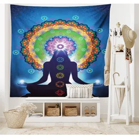 ABAKUHAUS Chakra Wandteppich und Tagesdecke, Mandala Chakra Yoga aus Weiches Mikrofaser Stoff Waschbar ohne Verblassen Digitaldruck, 230 x 140 cm,Dunkelblau Grün