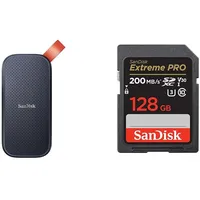 SanDisk Portable SSD 2 TB (externe SSD 2,5 Zoll, 520 MB/s Übertragungsraten) grau & Extreme PRO SDXC UHS-I Speicherkarte 128 GB (V30, Übertragungsgeschwindigkeit 200 MB/s, U3, 4K UHD Videos)