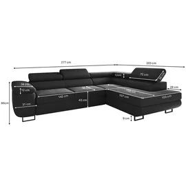 kaiser möbel Ecksofa mit schlaffunktion und bettkasten Eckcouch L-Form ATOMIC stoff Poso Rechts Schwarz - Schwarz