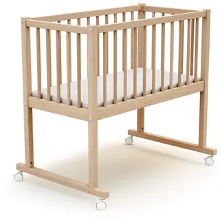 AT4 - Baby Wiege Bett Holz mit Rollen 40x80 Essentiel Buche Natur roh | 86 x 58,5 x 80 cm | Babybett mit Matratze inklusive 40x80x5cm | 4 multidirektionale Räder