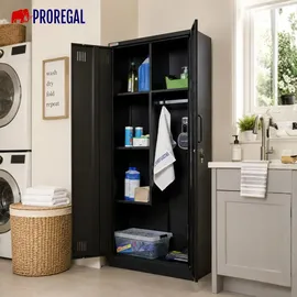 Proregal Flügeltürenschrank Stahl 170x70x30 cm schwarz abschließbar 5 Fächern Kleiderstange