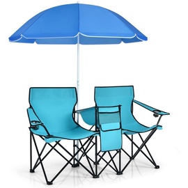 Costway Campingstuhl mit Sonnenschirm, Kühltasche, Getränkehalter & Seitentasche, klappbarer Angelstuhl faltbar Kopfstütze grau