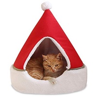 Monba Katzenhöhlenbett mit Weihnachtsmotiv, bequemes Katzen-Nest-Haus, weich, warm, für den Winter, Baumform, Haustier-Katzen-Unterschlupfhaus, halbgeschlossenes Katzenhaus in Rot, Größe M: 43 x 43 x