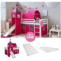 Homestyle4u 2585, Kinderhochbett Weiß 90 x 200 cm Holz Kiefer Hochbett pink mit Vorhang Turm Tunnel Matratze Lattenrost