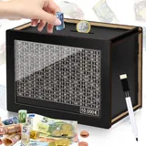 Kkluno Spardose 10000 Euro, Spardose groß mit Zähler, Holz Spardose, Wiederverwendbar Sparbox mit Zahlen Ankreuzen, Geeignet für Kinder und Erwachsene(Schwarz)