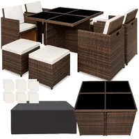 tectake® Lounge Möbel Set 4X Stühle, 4X Hocker, 1x Tisch, platzsparende Cube Aufbewahrung, Outdoor Rattan Gartenmöbel für Balkon, Garten und Terrasse, mit Abdeckung und Wechselbezügen - Schwarzbraun