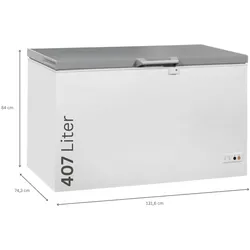 Tiefkühltruhe ICEMAN | 1x abschließbare Edelstahldeckel +LED | 407L, HxBxT 84x131,6x74,3cm | -18/-24°C | Weiß/Edelstahl | + CHEFGASTRO Geschirrtuch
