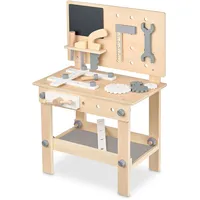 Balinco WERKBANK Kinder Holz, Werkstatt mit Kinder Werkzeuge, Säge, Winkel, Schraubenzieher, Zahnräder, Schraubstock, Tafel, Zubehör, Holzspielzeug ab 3 Jahre