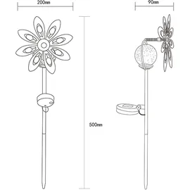 GLOBO Gartendeko Windrad LED Solarlampe Terrassenlampe bunt Außenlampe Erdspieß, Metall kupferfarben, Bruchglas, Warmweiß, Lxh 20x50 cm