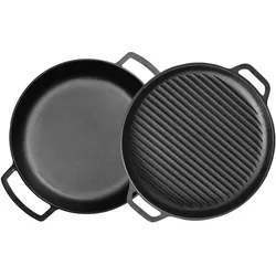 BRIZOLL Ø36cm Gusseisenpfanne mit Deckel-Grillpfanne aus Gusseisen Bräter Schmortopf aus Gusseisen zwei Griffe Servierpfanne
