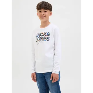 Langarmshirt JACK & JONES JUNIOR "JJGEPLAS TEE LS CREW NECK JNR", Jungen, Gr. 152, weiß, Single Jersey, Obermaterial: 100% Baumwolle, bedruckt, modisch, regular fit normal, Rundhals, Langarm, Shirts