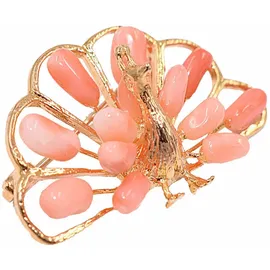 FIRETTI Brosche FIRETTI "Schmuck Geschenk Ansteckschmuck Pfau Koralle", bunt (gelbgoldfarben, rosa, rosa), Broschen, Damen, Messing, Brosche, mit Koralle