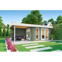 Gartenhaus NORDIC HOLZ "ANDRES", grün (grüngrau), Fußboden im Gartenhaus, Massivholzdach, Holz, Gartenhäuser