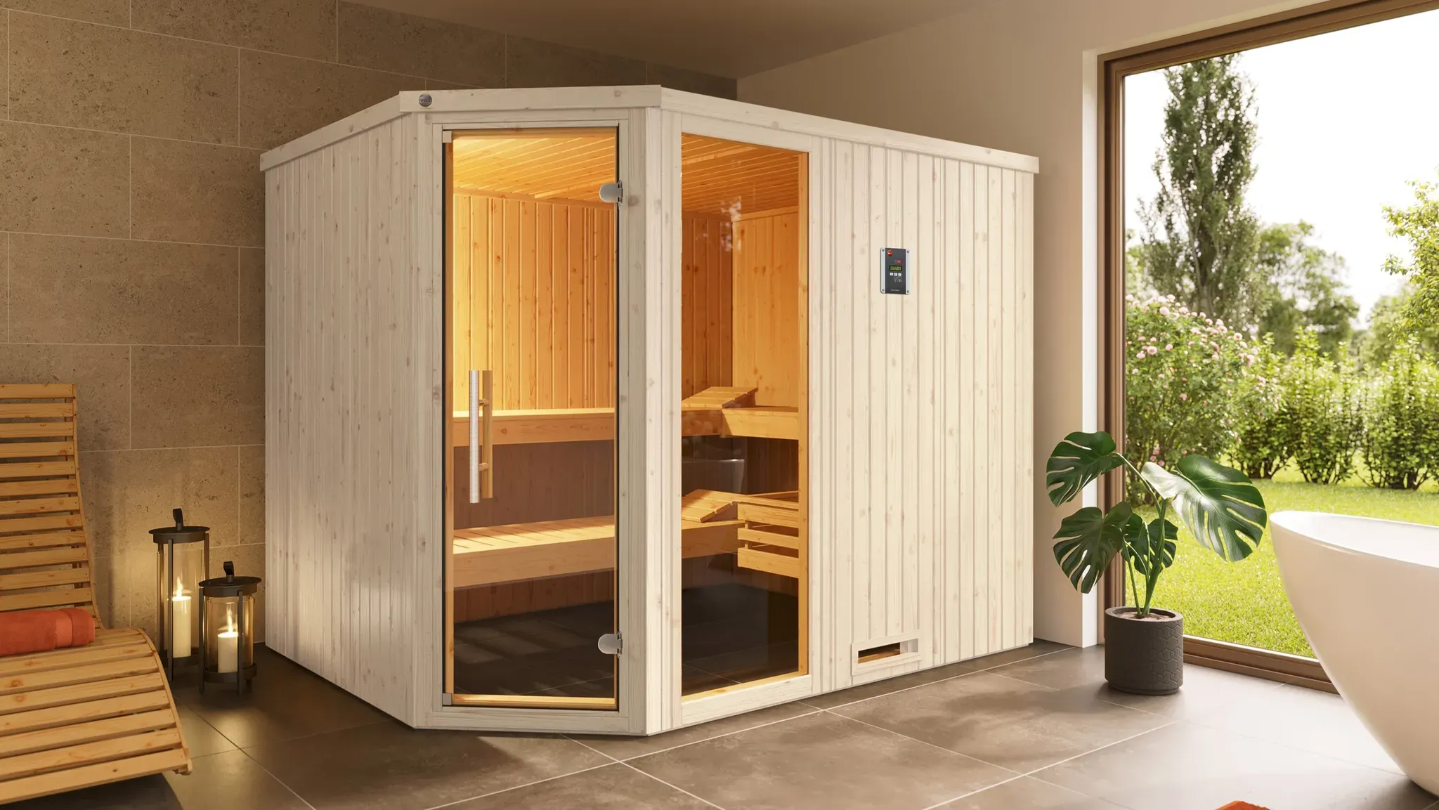 Sauna WEKA "Element-Ecksauna VARBERG 4", weiß, Saunaofen, externe Steuerung, 9 kW, Saunen, vorgefertigte Elemente, Fensterelement, moderne Ganzglastür