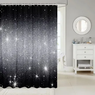 Badezimmervorhang für Jungen Schwarz Grau Ombre 180 W x 200 L für Kinder Batik Duschvorhang für Mädchen Glitzer Sterne Pailletten Badevorhang Farbverlauf Galaxie Funkeln Hippie Badezimmer Dekor