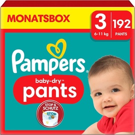 Pampers Windeln Pants Größe 3 (6-11kg) Baby-Dry Midi mit Stop- und Schutz Täschchen, 192 Stück