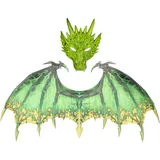 JISADER Drachenkostüm für Erwachsene, Dinosaurier-Maskenflügel-Sets, Zubehör, Maskerade, Drachenflügel-Verkleidung für Festival, Karneval, Ostern, Tanzparty, GRÜN