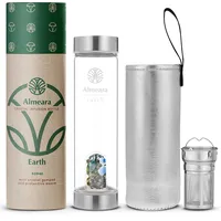 Almeara Kristall-Wasserflasche mit authentischem Moosachat, Opalsteinen und abnehmbaren Rauchquarz-Edelsteinen, Tee-Ei für lose Blätter, Entspannung, Heilung und spirituelle Geschenke für Frauen