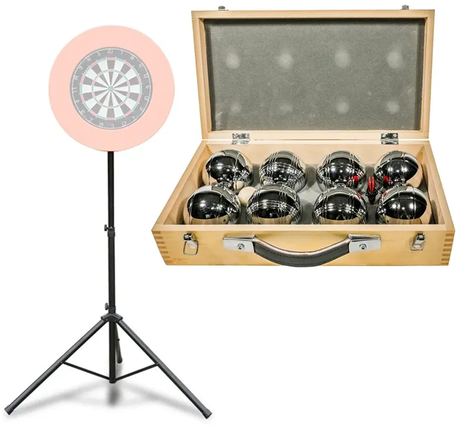 Dartständer höhenverstellbar 140 - 195 cm PL38 schwarz + Boule Set in Holzkoffer Cranit 8 Boule Pétanque Kugeln inklusive Schweinchen Zielkugel RE65