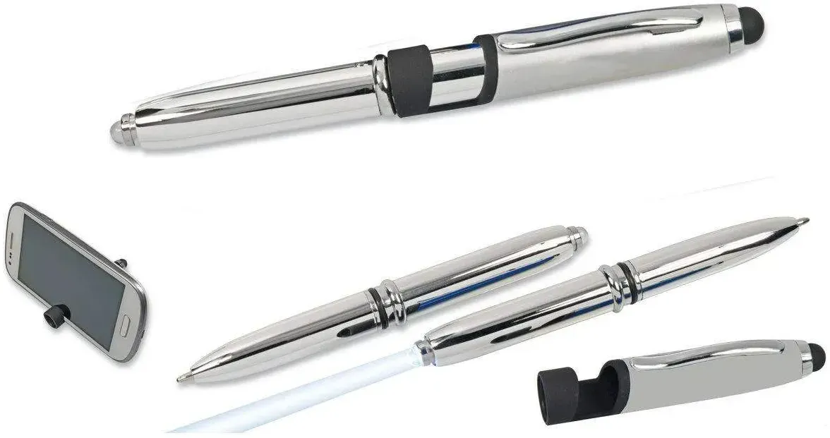 cuurts LED Touchpen Kugelschreiber mit Licht und Smartphone Halterung, silber, 10 Stück