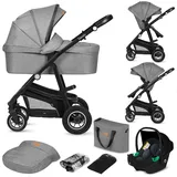 lionelo Bianka Kinderwagen, Autotransporter, Autositz, klappbar, Travel System Rückenlehne, Räder Polsterung, Verdeck XXL-Grau - Grau