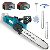 Akku Kettensäge 12 Zoll, Elektro Kettensäge, 2x 5500mAh Astsäge Akku Automatische Kettenschmierung, 4100rpm Bürstenloser Motor 34cm Schwertlänge Werkzeuglose Kettenspannung, Ersatz für Makita DUC122Z
