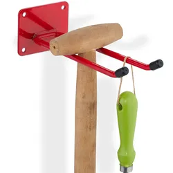 Relaxdays Gerätehalter Wand, Länge 24 cm, Doppelhaken, Wandhaken Garage, Werkstatt & Keller, Besenhalter Stahl, rot
