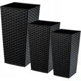 Rattan Blumentopf Set, Blumenkübel aus Kunststoff, 19+25+30 cm, Schwarz - Kadax