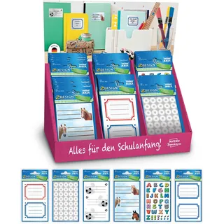 Avery España 48598 Sortiment 120 Aufkleber, zum Beschriften von Büchern, Notizbüchern und Schulmaterialien, 6 verschiedene Fantasien, 20 Stück je eins, insgesamt 120 Aufkleber auf Kartonaufsteller