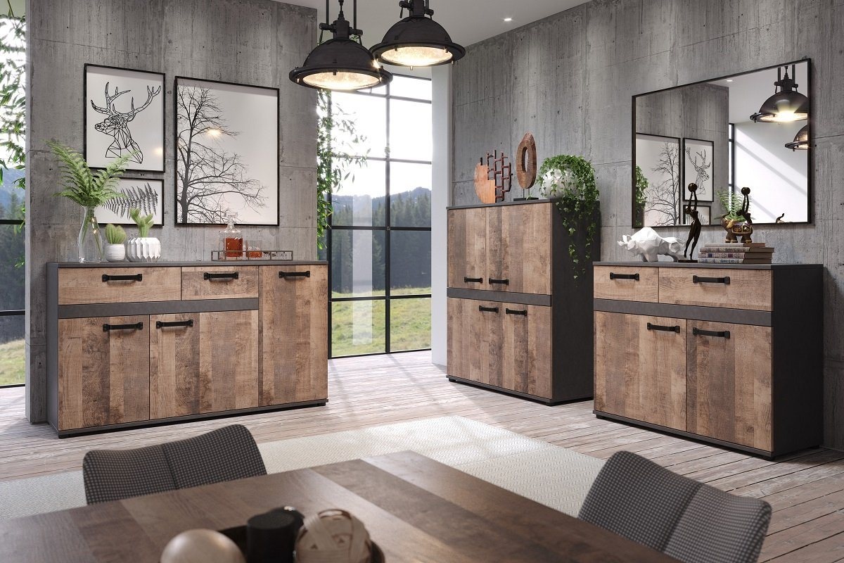 Produktbild trendteam Vitrine Highboard Stripe, Artisan Eiche / Matera grau braun