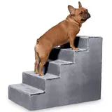 VELORA H&L Hundetreppe 5 Stufen Grau - Stabile Holzkonstruktion mit Veloursbezug, rutschfeste Hundetreppe für Sofa und Bett, Haustiertreppe für Hunde und Katzen, Belastbar bis 80 kg