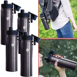 4er-Set Trinkflaschen - je 540 ml - Ideal für Sport, Outdoor & Arbeit - Edelstahl, Metallic-Dunkelgrau - Hält heiss/kalt - Rutschfester Boden