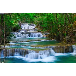 Fototapete PAPERMOON "WASSERFALL-BÄUME FLUSS SEE STEINE BLUMEN BERGE SONNE", bunt, B:3,50m L:2,60m, Vlies, Tapeten