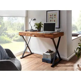 KADIMA DESIGN Massivholz Schreibtisch Sheesham, X-förmiges Metallgestell, Schublade. Schwarz, 120x55x78 cm | Kadima Design