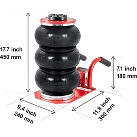 Vevor Pneumatischer Wagenheber Triple Bag Air Jack 3 t, Dreifachbeutel-Luftheber 140-450 mm Hubhöhe Airbag-Luftwagenheber, 5 Minuten Hub Luftheber mit kurzem Griff, Wagenheber Rot Arbeitssparend