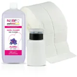 N&BF Nagel Cleaner Set mit Duft 500ml + Dispenser Pumpflasche Schwarz 150ml + 1000 Zelletten Cellulose Pads (2 Rollen à 500 Stück) - 70% Isopropanol-Alkohol – für Gelnägel – Nagelreiniger (Flora)