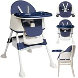 Ferghana 4-in-1-Hochstuhl für Babys, Kinderhochstuhl mit Abnehmbarem Tablett, Babystuhl mit Unteres Staufach und Rollen, Höhe Verstellbarer Hochstuhl mit 5-Punkt-Gurt, Blau
