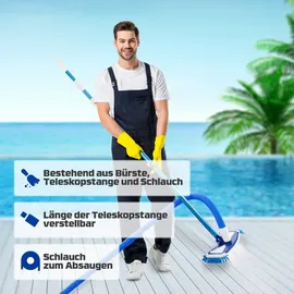 Arebos Poolbürste, Poolreiniger, Saugbürste, Teleskopstange, Poolsauger mit Schlauch, robuste Poolbürste mit seitlichen Borsten