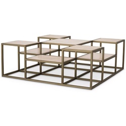 Casa Padrino Luxus Couchtisch Messing / Beige 120 x 120 x H. 41,5 cm - Quadratischer Edelstahl Wohnzimmertisch mit Travertin Tischplatten - Wohnzimmer Möbel - Luxus Möbel - Luxus Einrichtung