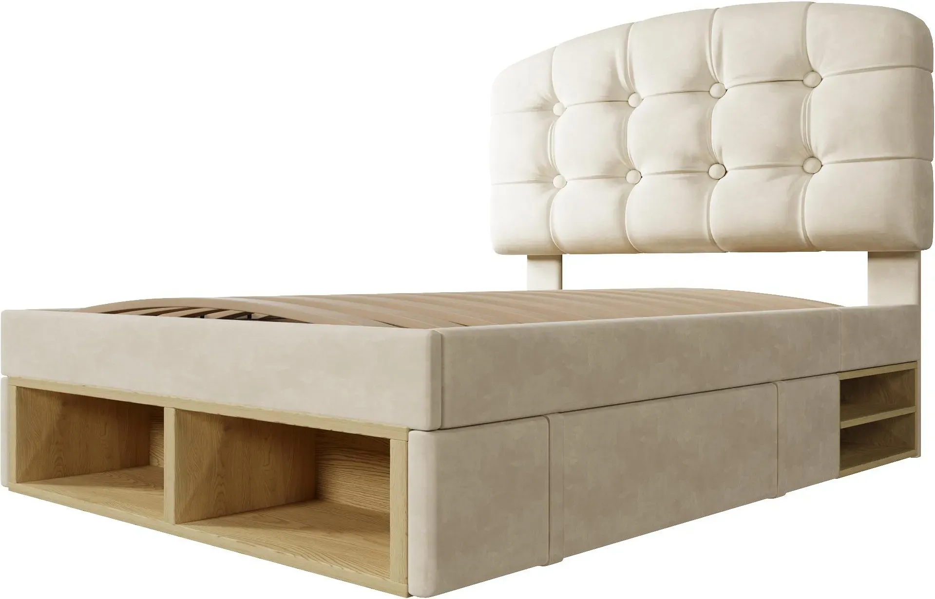 Polsterbett 90x200, dreifach höhenverstellbar, integrierte Schubladen und Staufächer, 207x101x120 cm, Beige