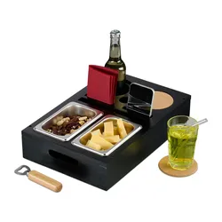 Relaxdays Couchbar, Bambus, Edelstahlschale für Snacks, Getränke- & Weinglashalter, Untersetzer, Couchorganizer, schwarz