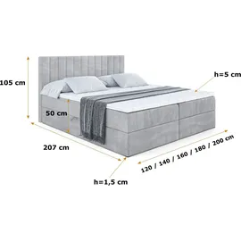 altdecor Boxspringbett mit H4 Matratze und Topper - 180 x 200 cm - EDITA - Hellgrau Samt - Polsterbett mit Bettkasten und Lattenrost, Bett mit Stau... - Hellgrau