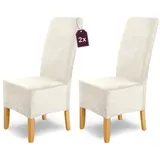SCHEFFLER-Home Stretch Stuhlhussen Samt Puma Velvet/Velours Stuhlhussen Weiß-Ecru 2er Set/Stuhlabdeckung als Stuhlhussen Schwingstühle/Spann-Stuhlhussen Lang/eleganter Chenille Stuhlüberzug
