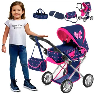 kinderplay Puppenwagen Puppenwagen 3in1 – höhenverstellbar – Spielspaß drinnen & draußen, (Set)
