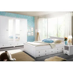 Schlafzimmer-Set HOME AFFAIRE "Hugo", weiß, B/H: 180cm x 200cm, Schlafzimmermöbel-Sets, Bett 180x200 cm, 5-trg Kleiderschrank und 2 Nachttische